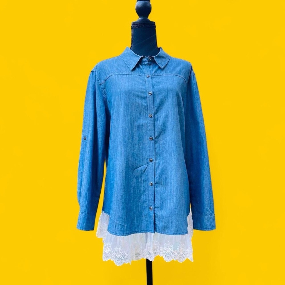 UMGEE Blue Chambray Shirt Dress Lace Edge Size Small